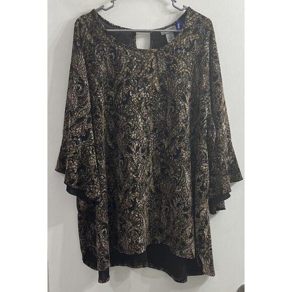 Catherines Women’s 2XWP Petite Black Gold Gauze Stretch Fall Bell Sleeves Career - Picture 1 of 7